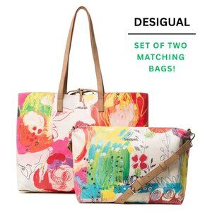 DESIGUAL Pink Red Floral Shopper Tote‎ Handbag Messenger Bag Crossbody Shoulder